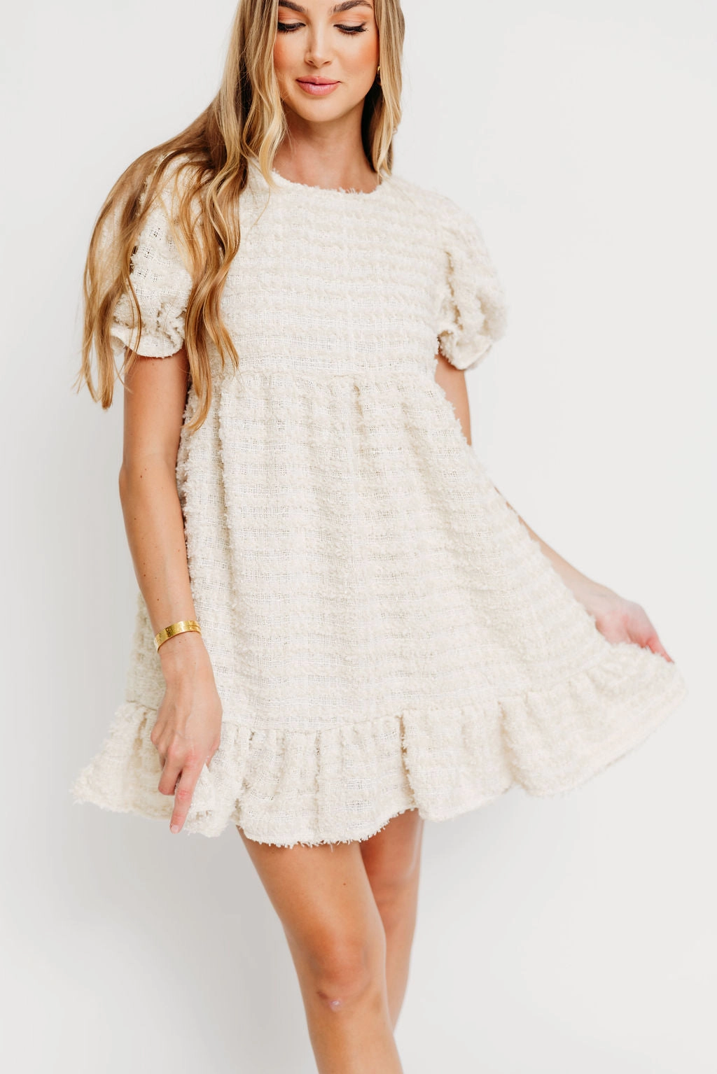 Chill Edge Silky texture Blair Frayed Puff Sleeve Mini Dress in Cream