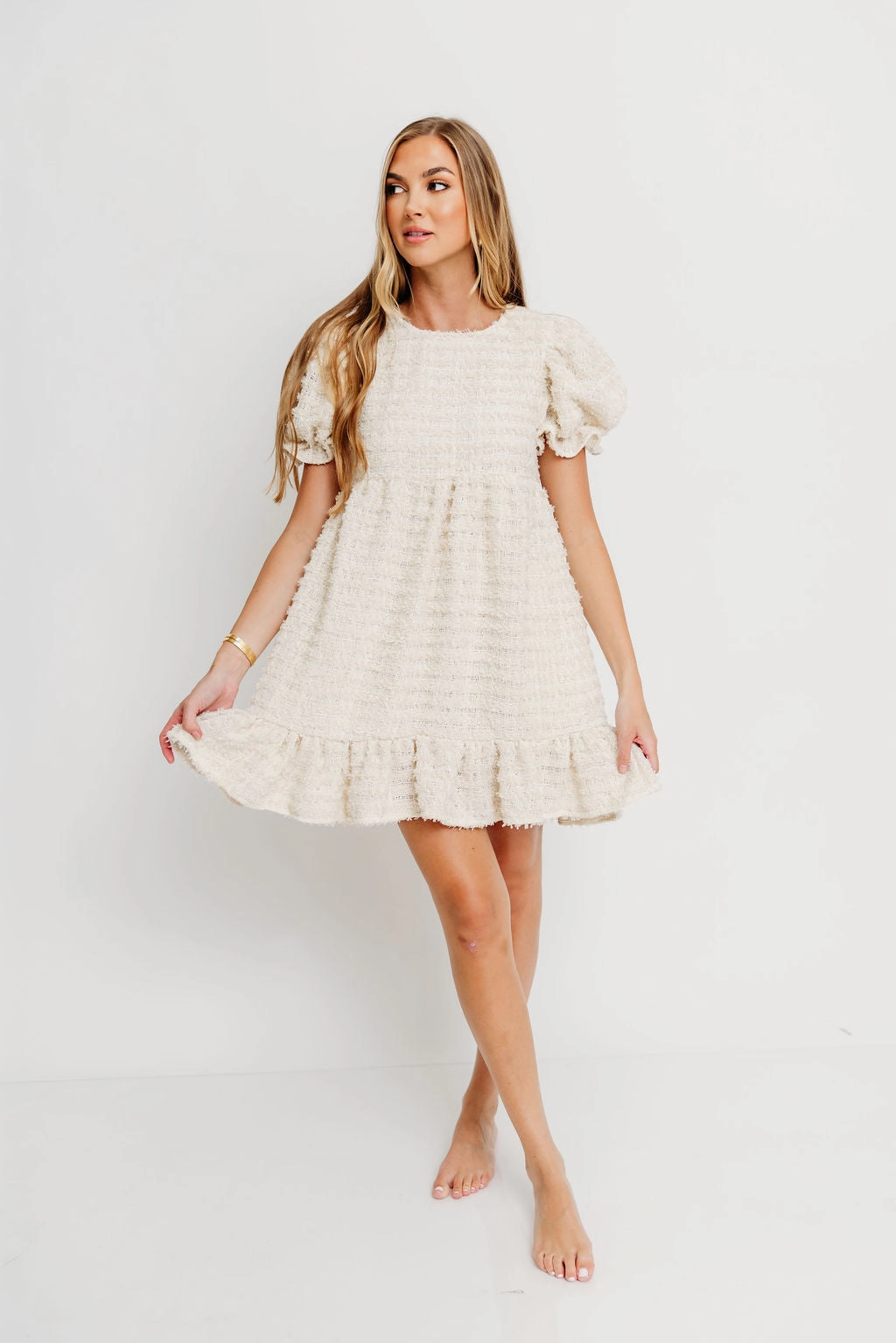 Blair Frayed Puff Sleeve Mini Dress in Cream Natural Feel