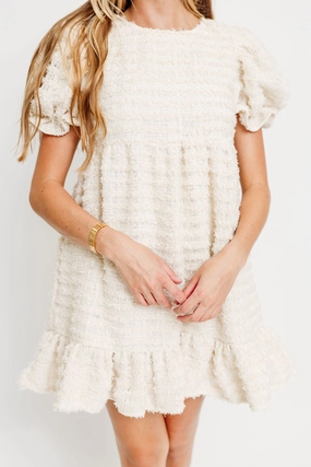 Blair Frayed Puff Sleeve Mini Dress in Cream Party Safe