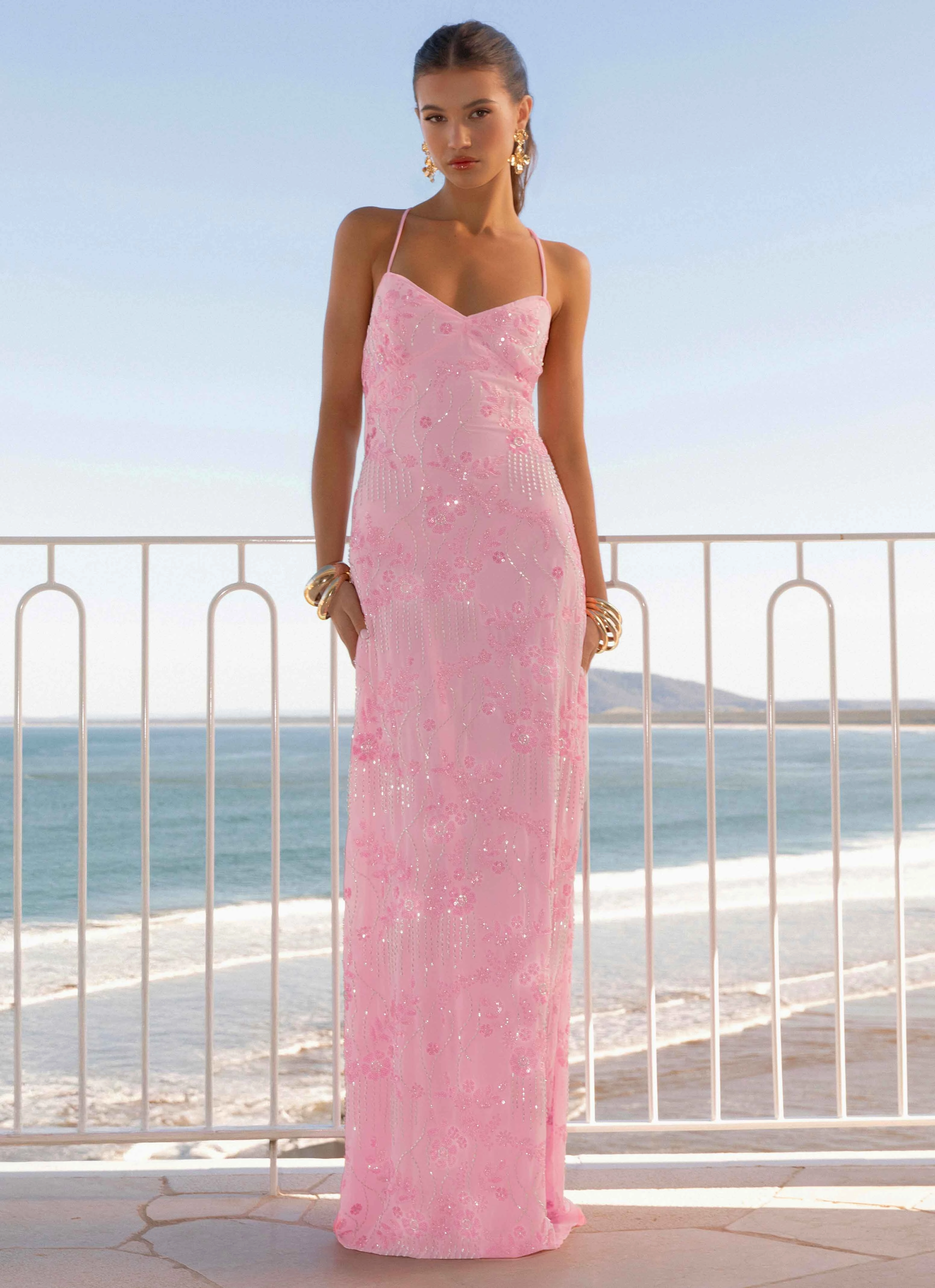 Vietta Sequin Cami Maxi Dress - Pink Daily Ready Elegant Cut
