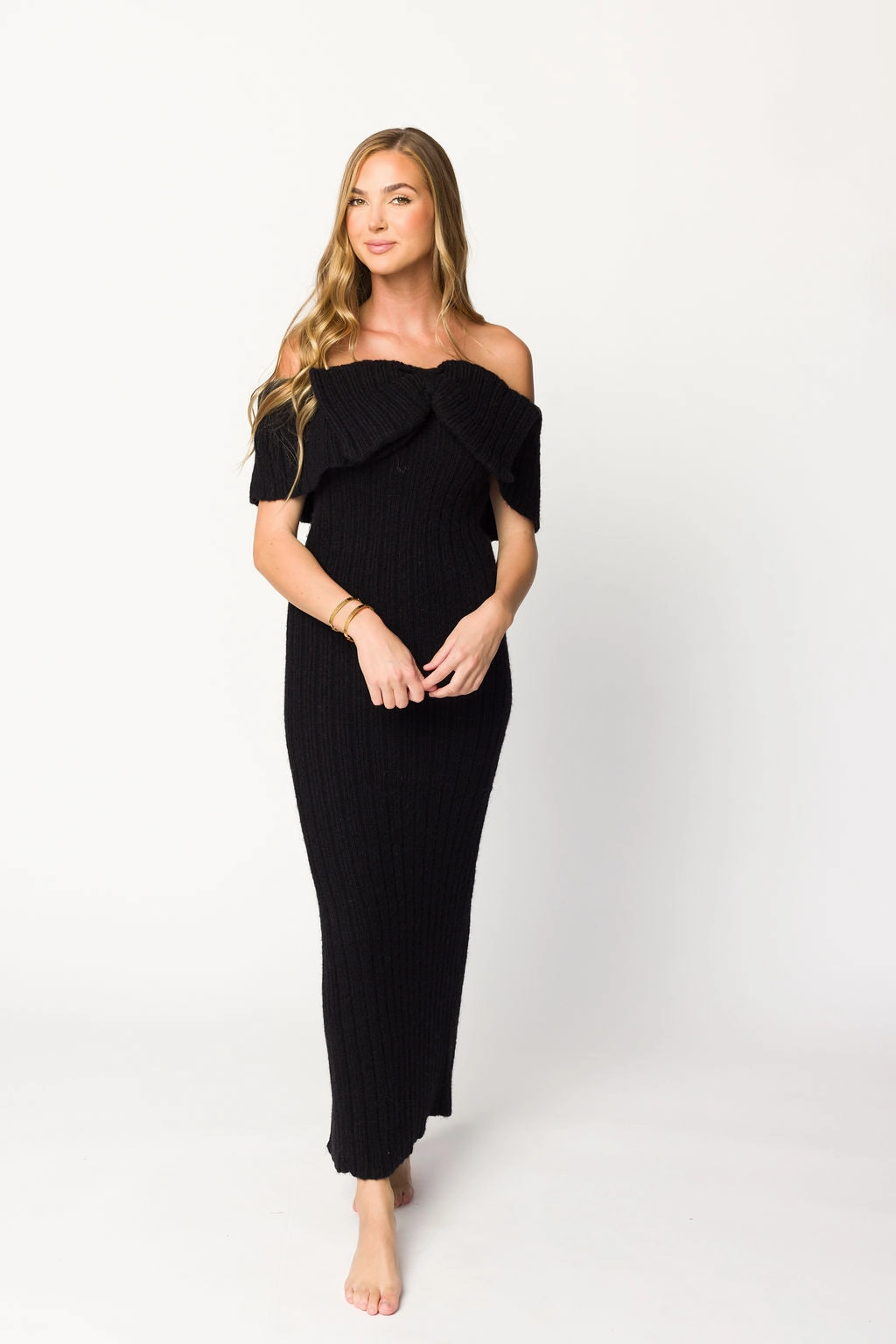 Aston Bow Front Maxi Sweater Dress in Black - Bump Friendly Feminine Charm Fall Go