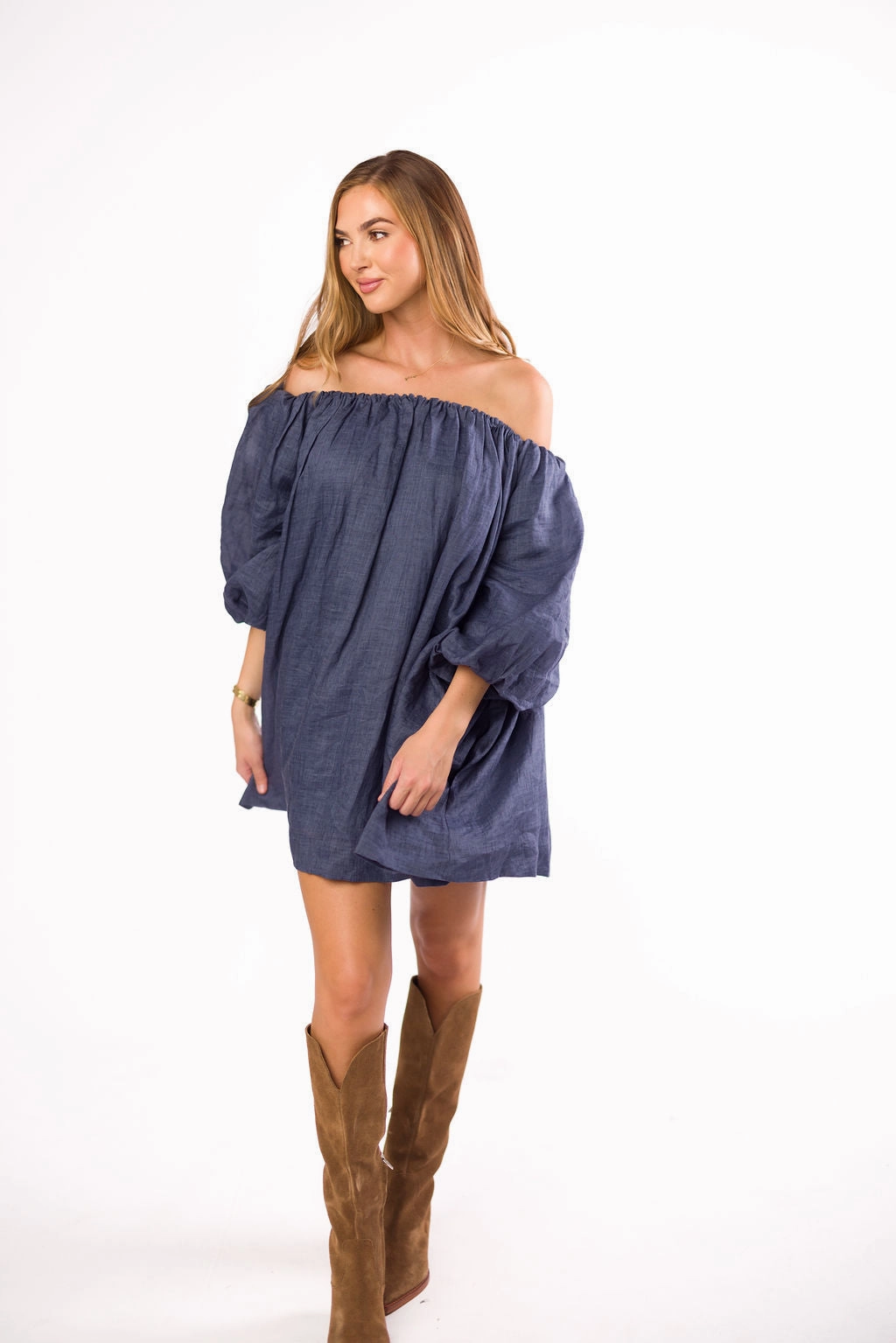 Cassidy 100% Linen On/Off Shoulder Mini Dress in Denim *Final-Sale* Casual Core