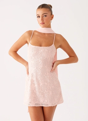 Ruffle Hem ContrastStitching Vision Sequin Mini Dress - Pink