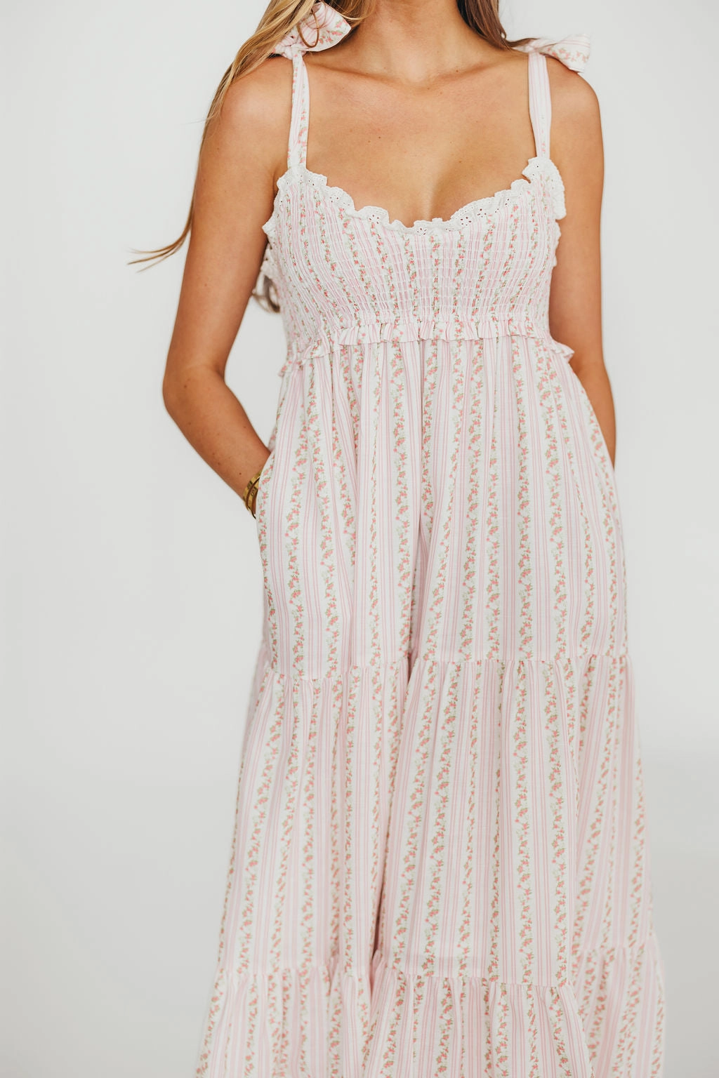 Vivienne Maxi Sundress in Ivory/Pink Floral Festive Mood Sheer Light