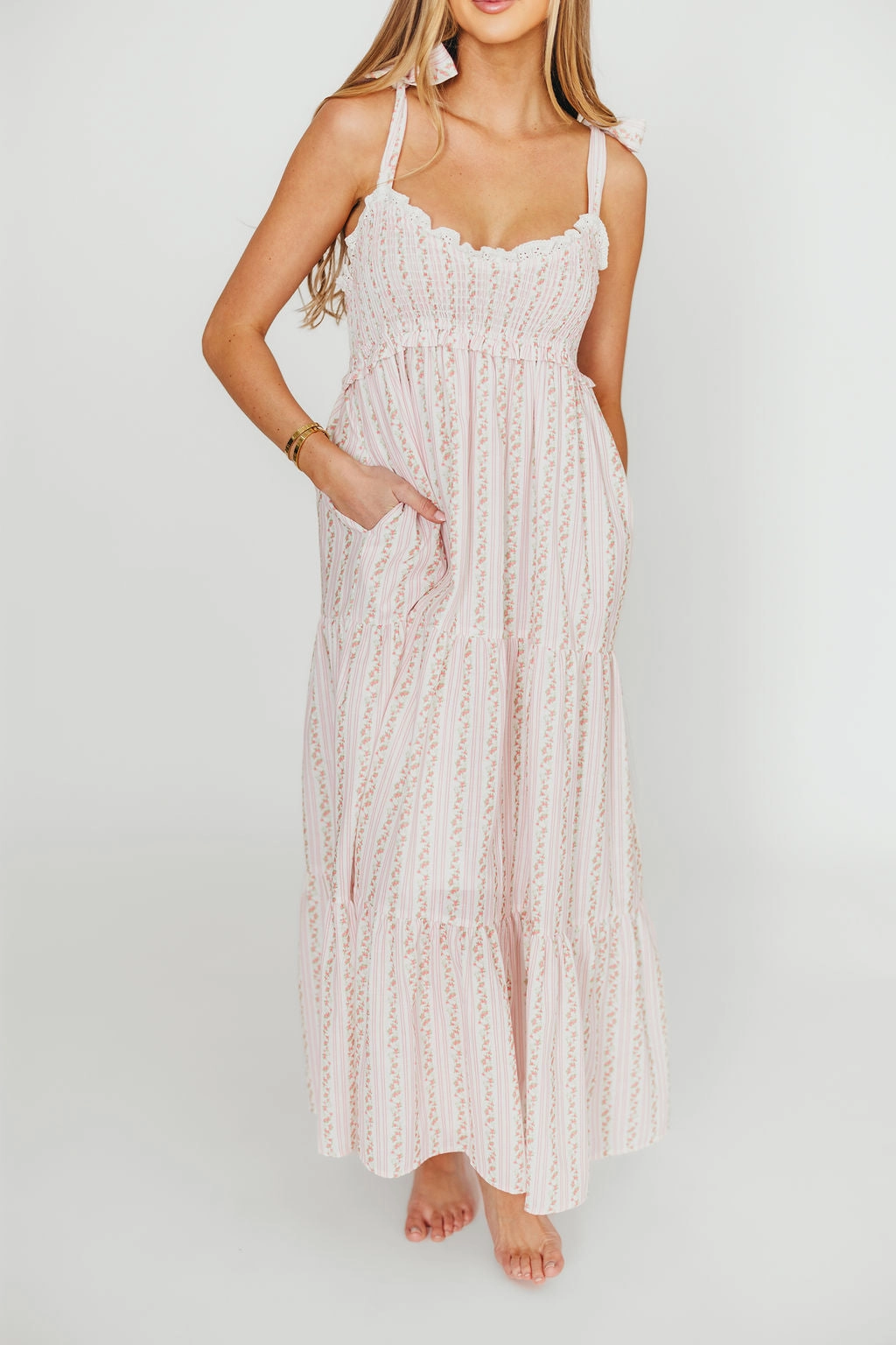 Striped-Pattern Vivienne Maxi Sundress in Ivory/Pink Floral