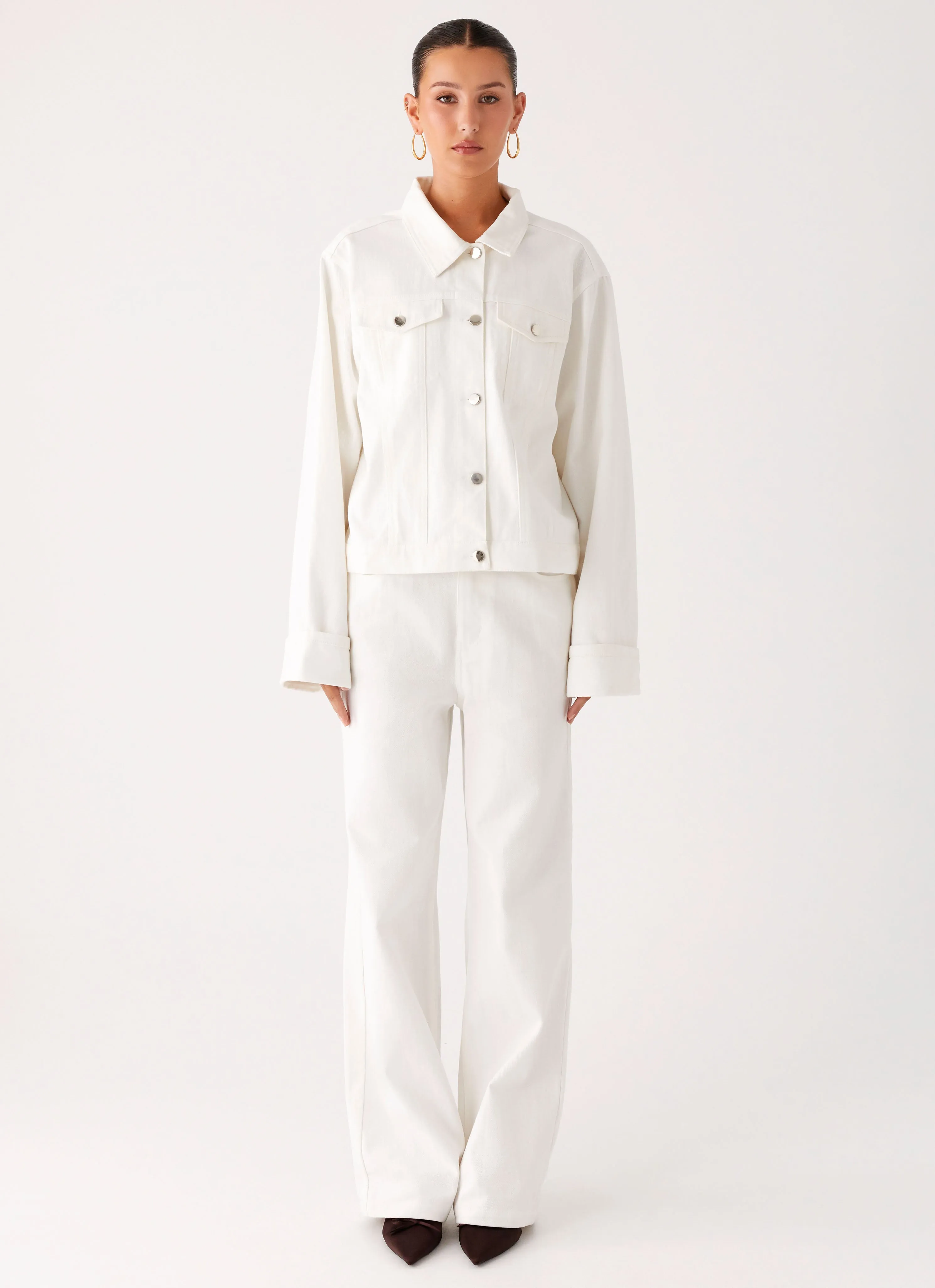 Back Again Oversized Denim Jacket - White suitable for sports games