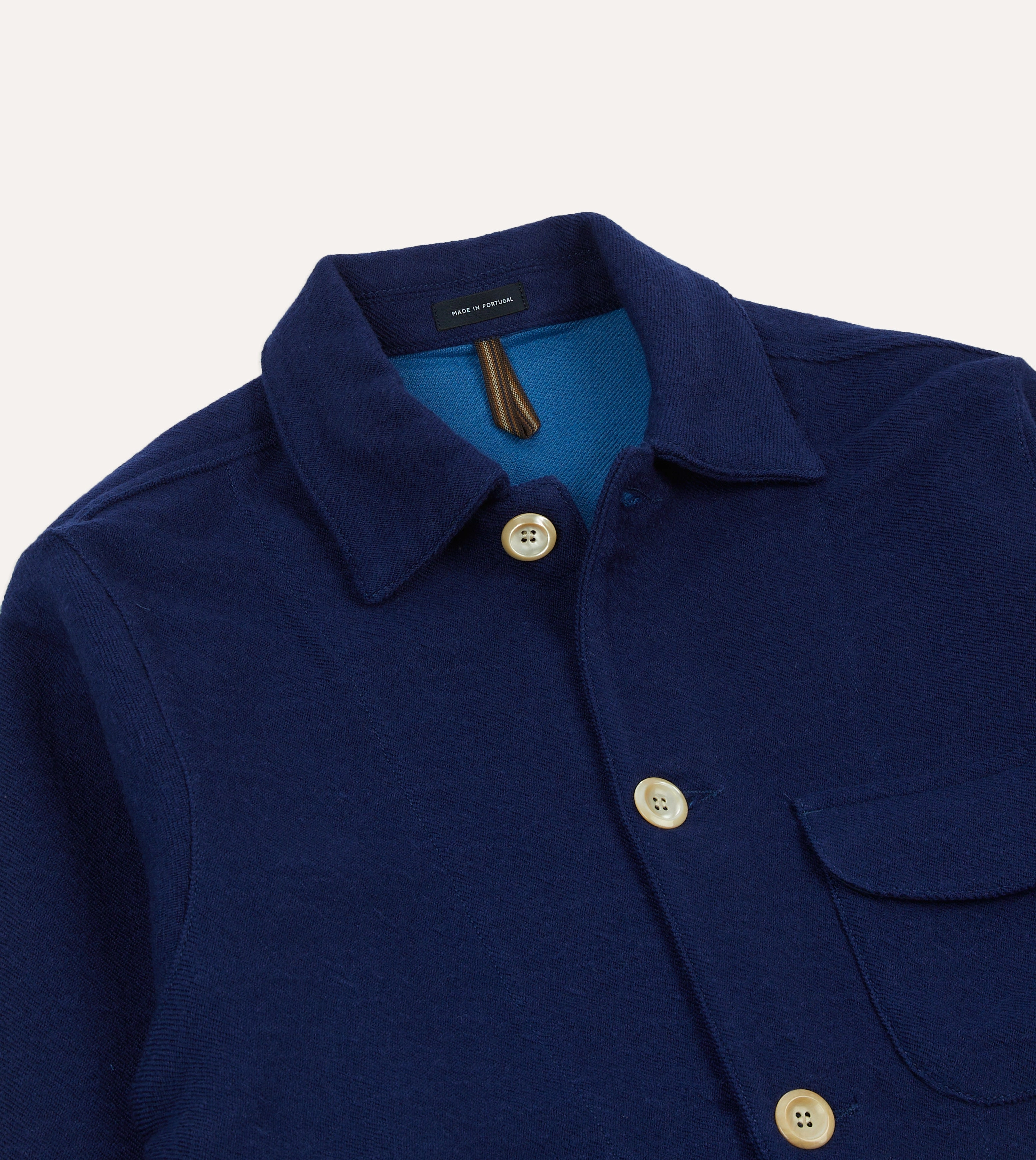 Loop Fastened Hood Blue Wool-Linen Three-Pocket Chore Jacket