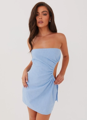 Rosella Linen Mini Dress - Blue Urban Minimalism Beaded-Sleeve
