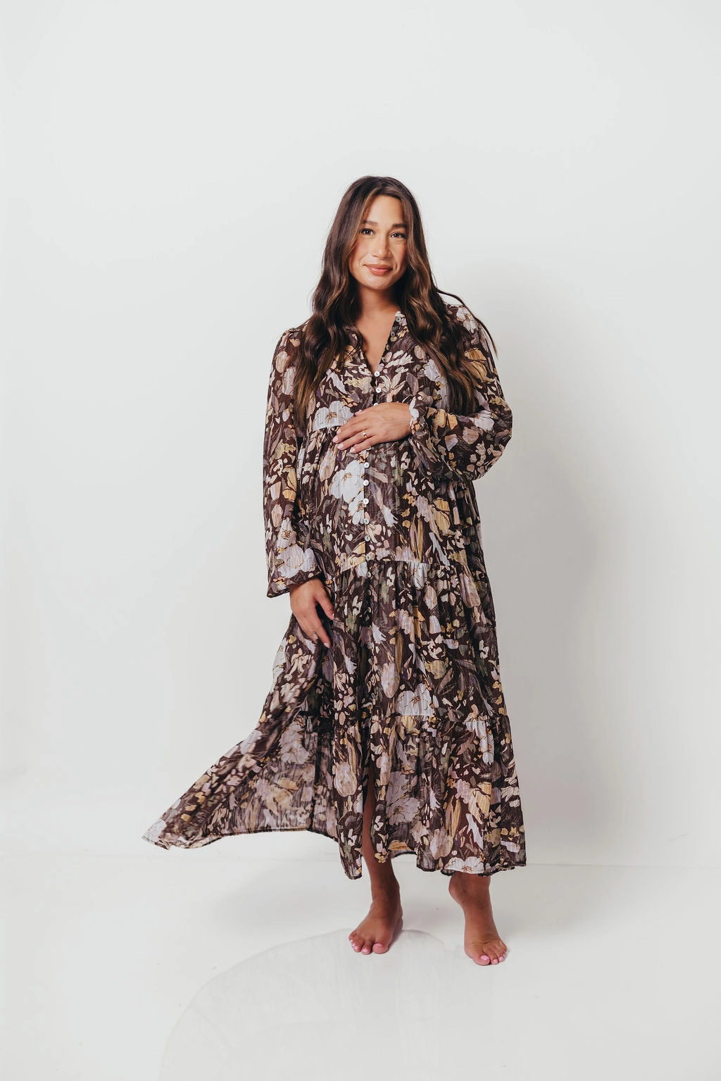 Eve Floral Print Button Front Duster Maxi With Detachable Slip in Brown Multi - Bump Friendly Long Lines Satin Layers