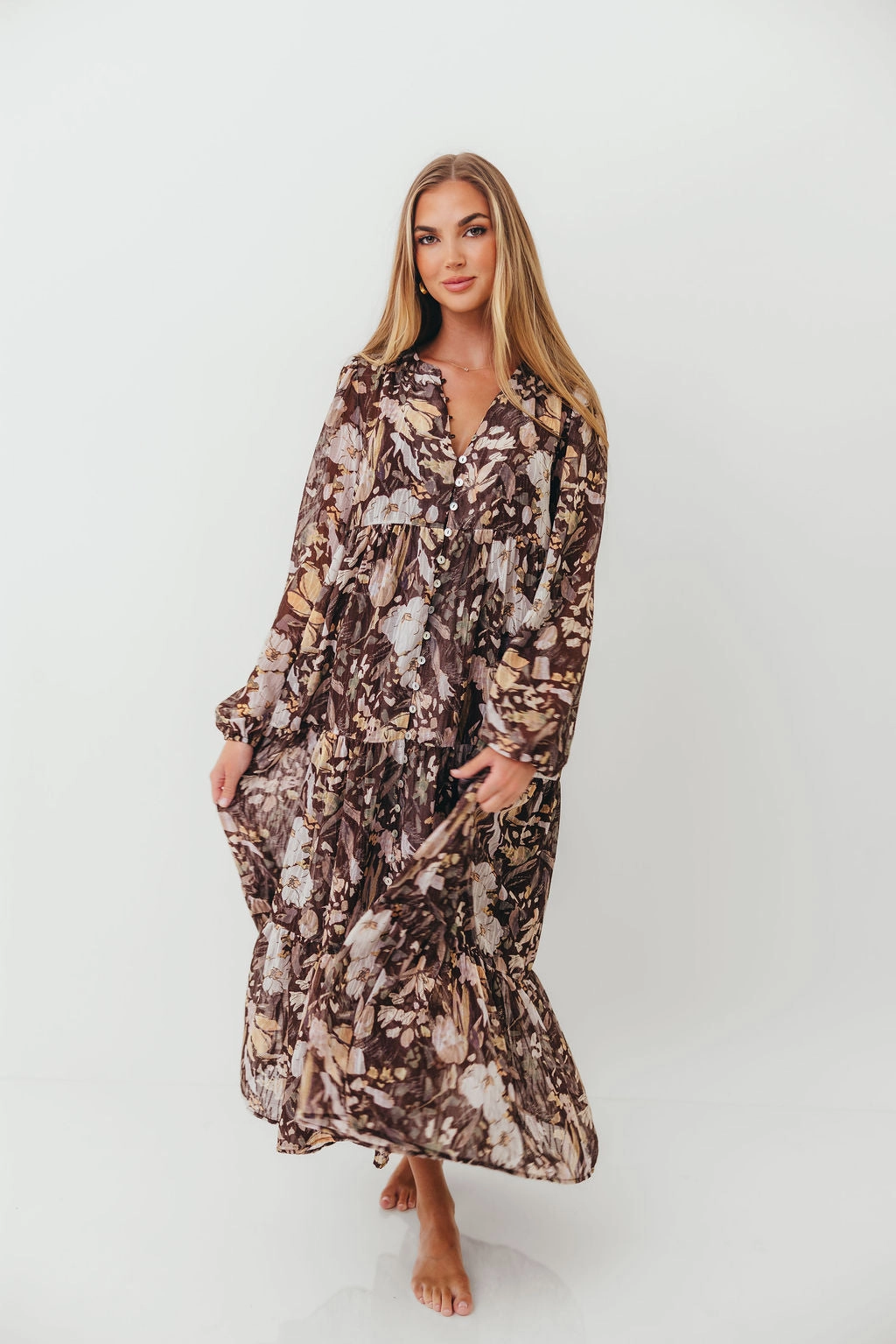 Eve Floral Print Button Front Duster Maxi With Detachable Slip in Brown Multi - Bump Friendly Pure Look Workwear Comfort