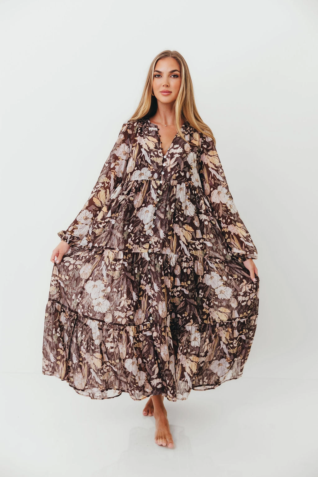 Mood Comfort Eve Floral Print Button Front Duster Maxi With Detachable Slip in Brown Multi - Bump Friendly