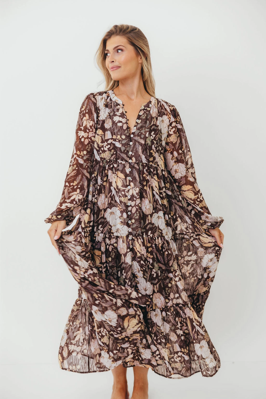 Eve Floral Print Button Front Duster Maxi With Detachable Slip in Brown Multi - Bump Friendly Quick Look Semi Fit