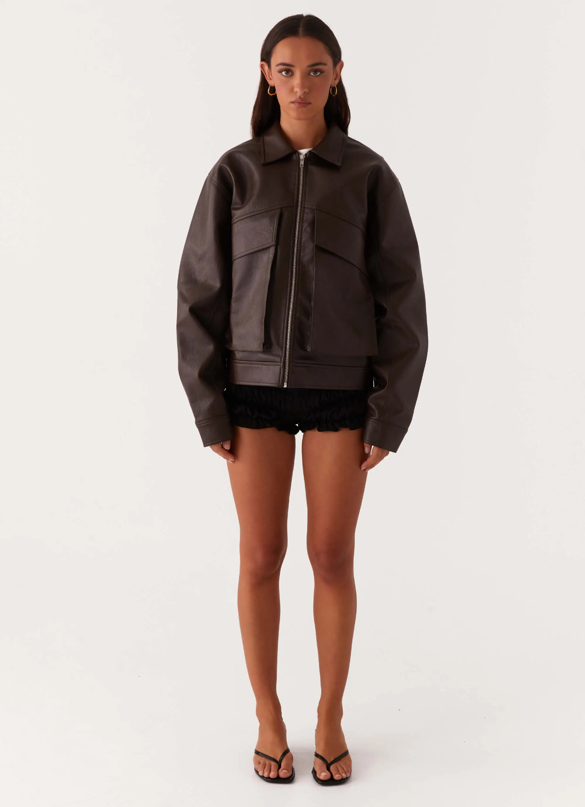 Lula Faux Leather Bomber Jacket - Chocolate HydrationCompatible Pocket