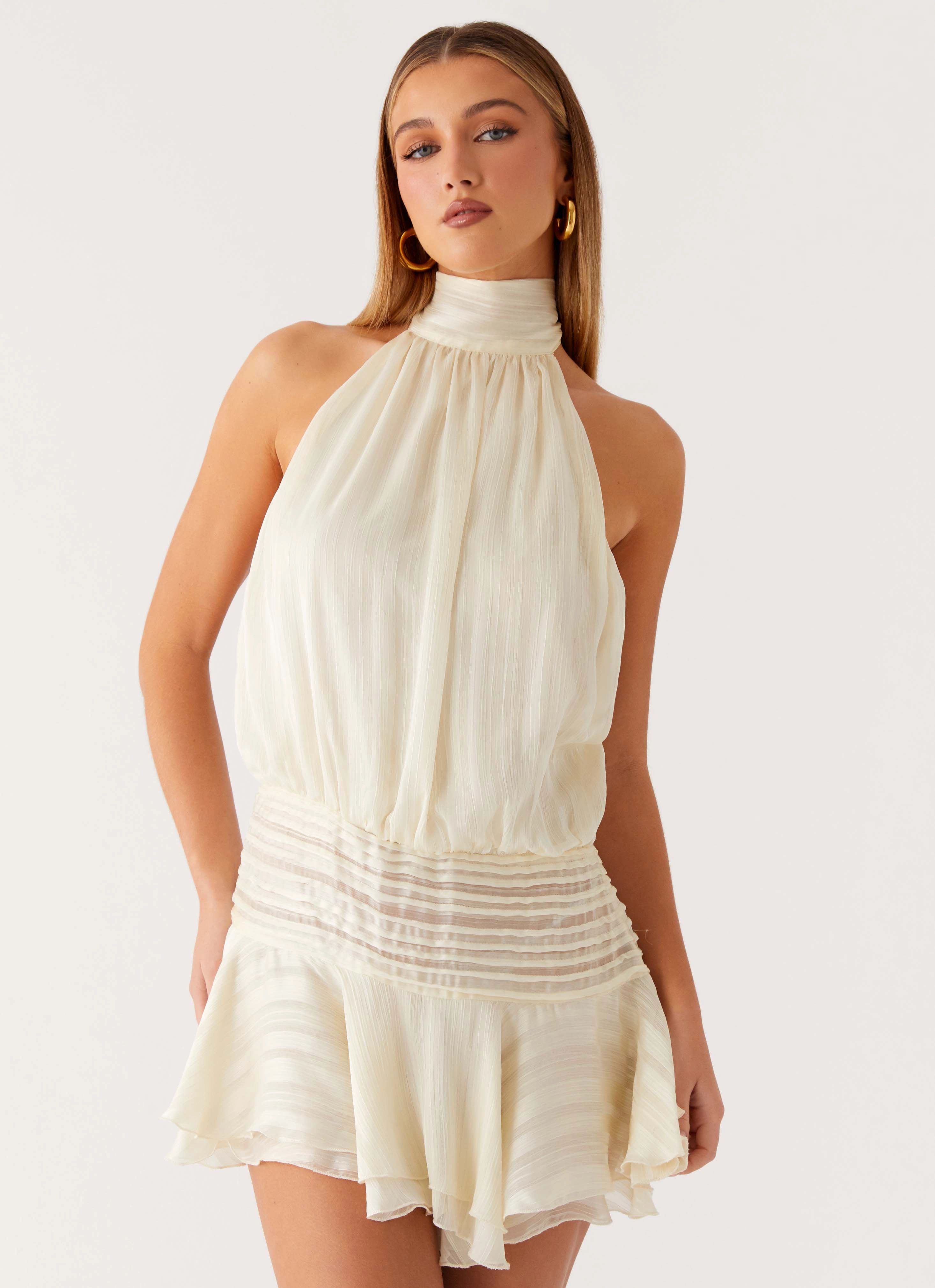 Willow Chiffon Mini Dress - Ivory Drawstring-Closure Fashion-forward day dress