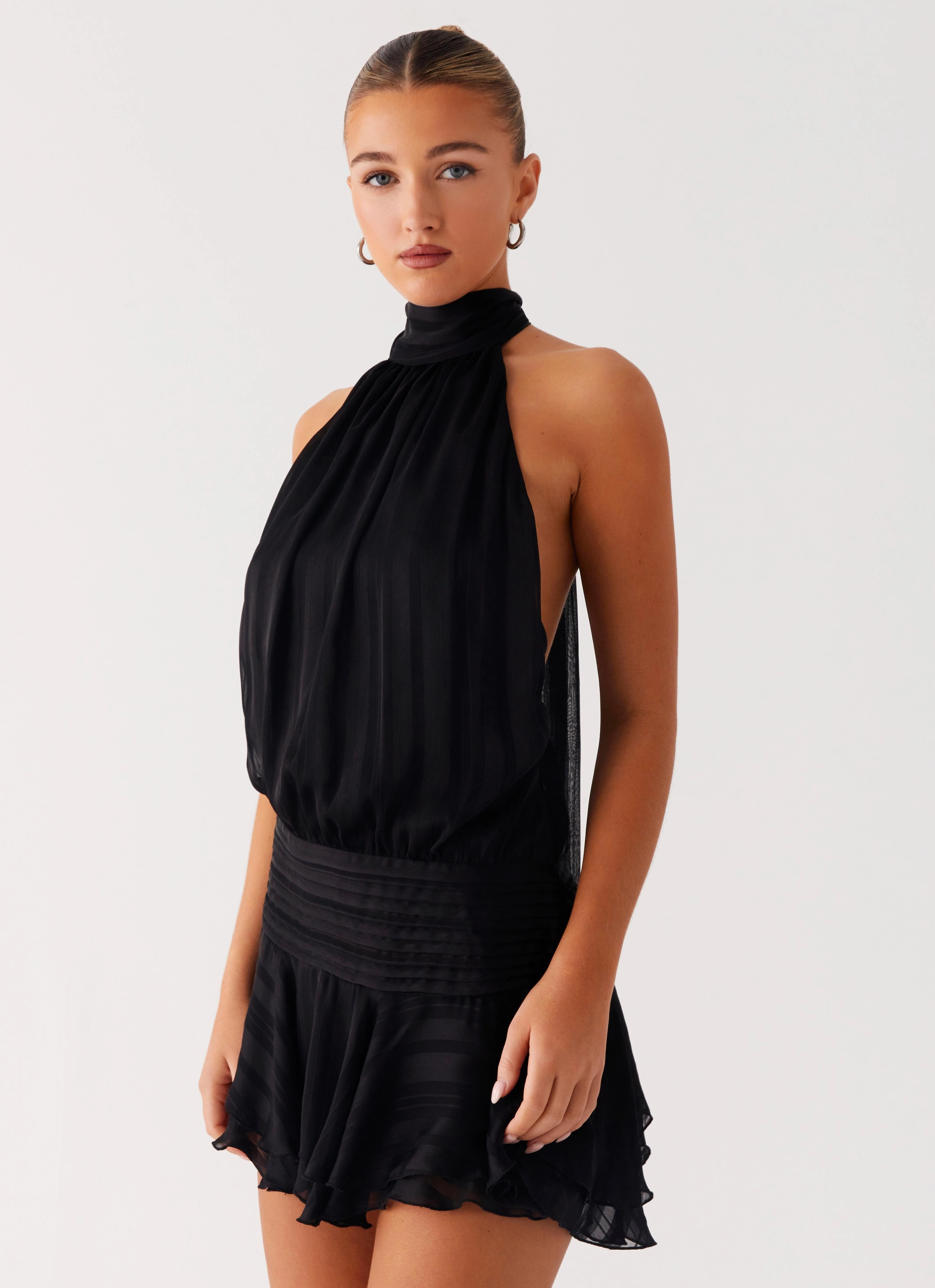 Willow Chiffon Mini Dress - Black Grace Base Bow Glow