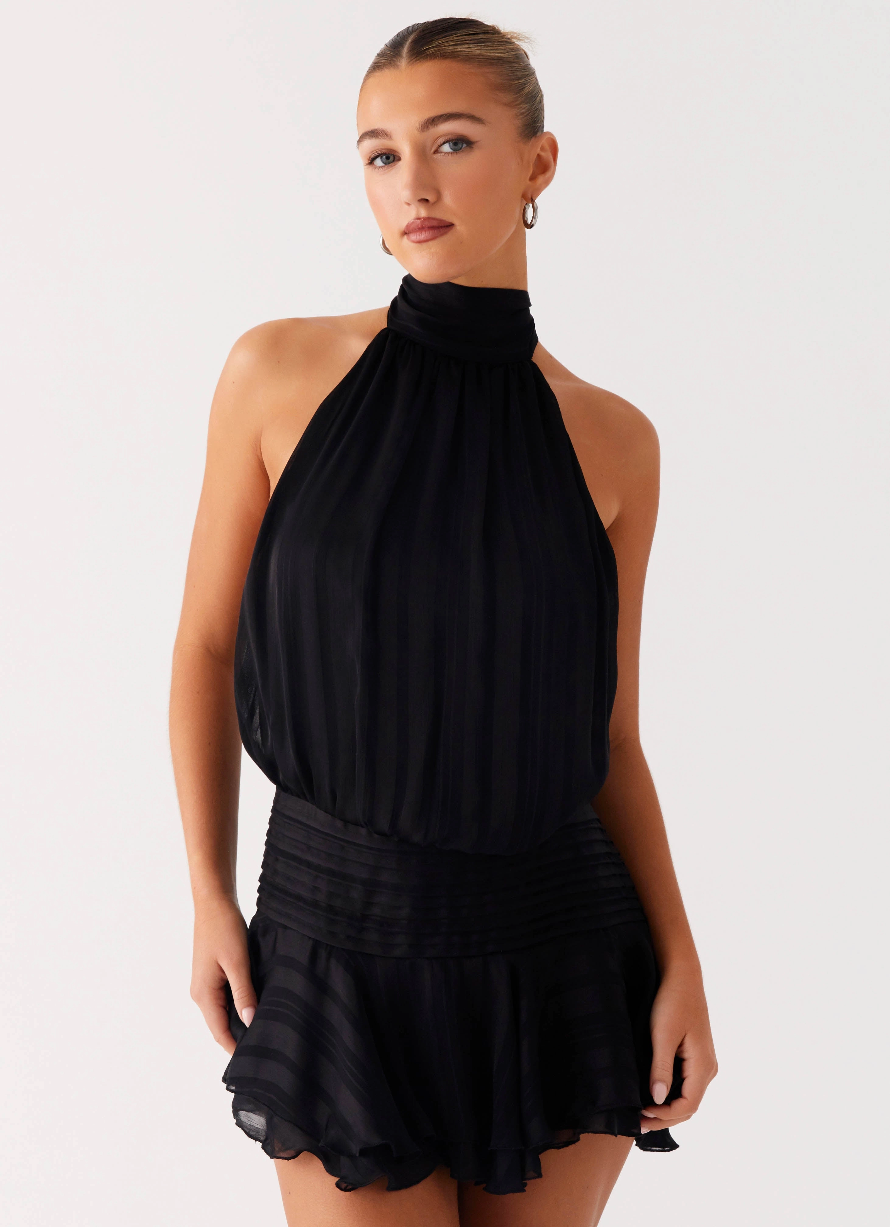 Willow Chiffon Mini Dress - Black vacation look