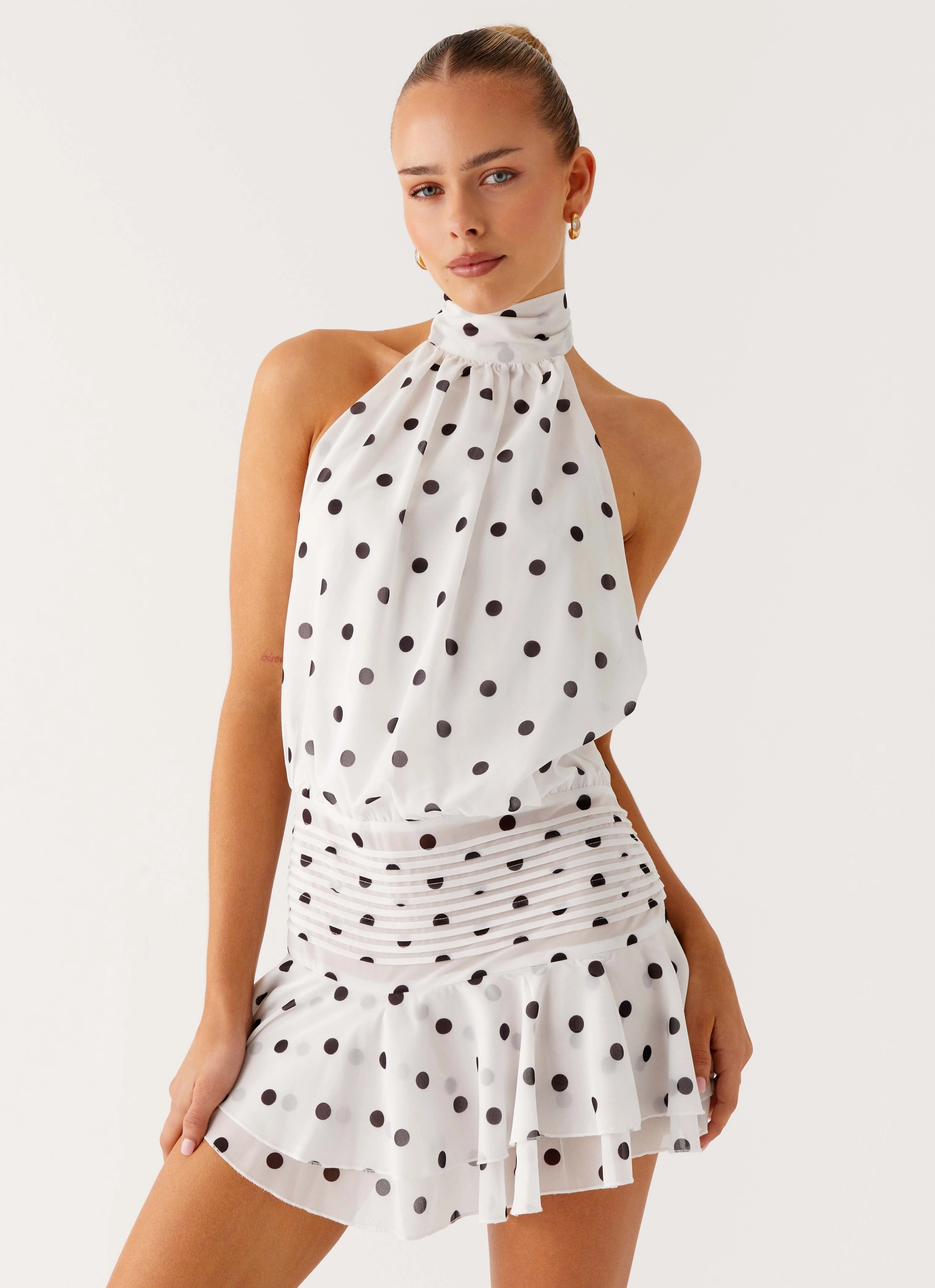 Everyday-Comfort Willow Chiffon Mini Dress - White Polka Dot