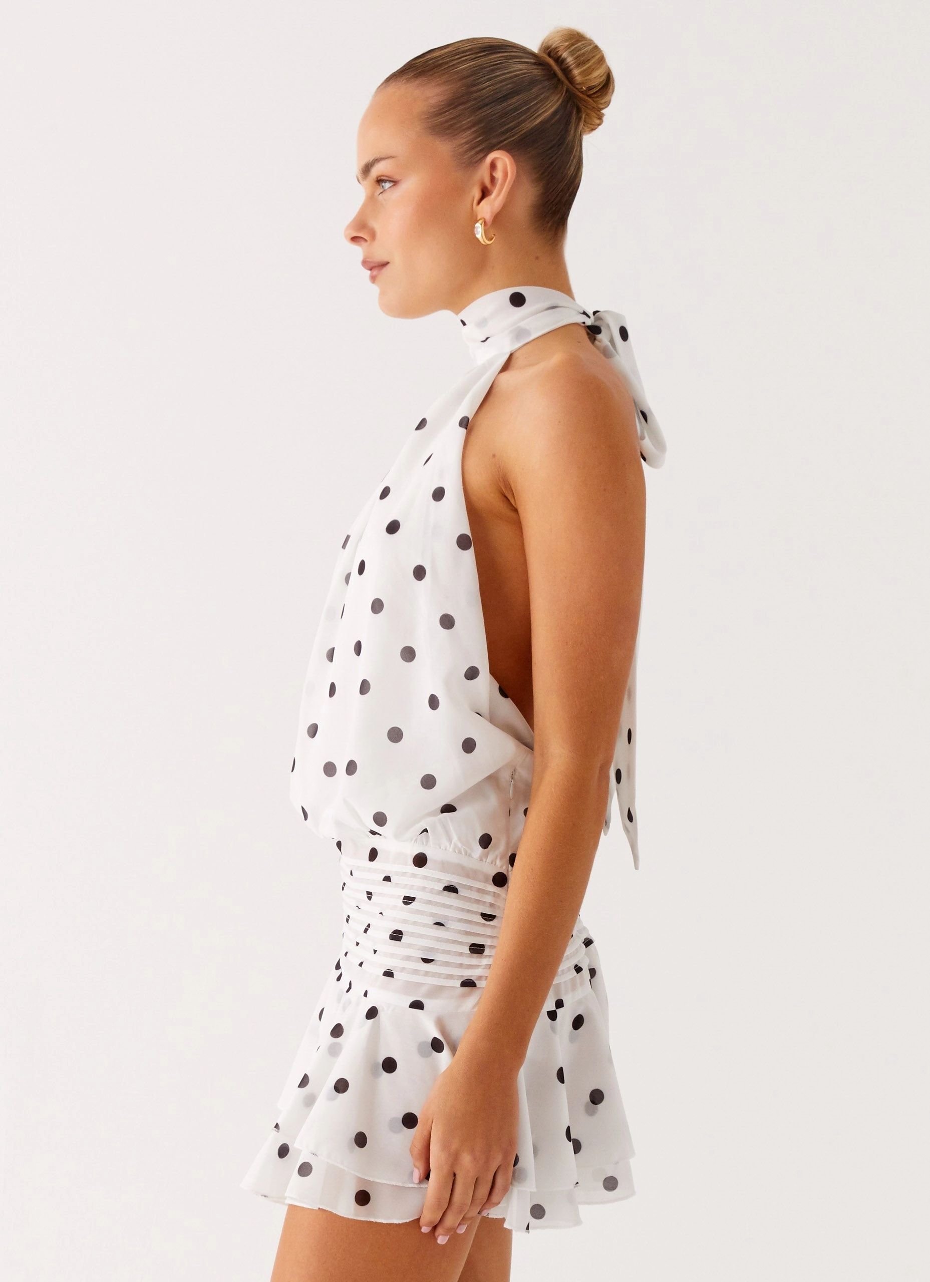 Willow Chiffon Mini Dress - White Polka Dot Minimal Fit Wrap Charm