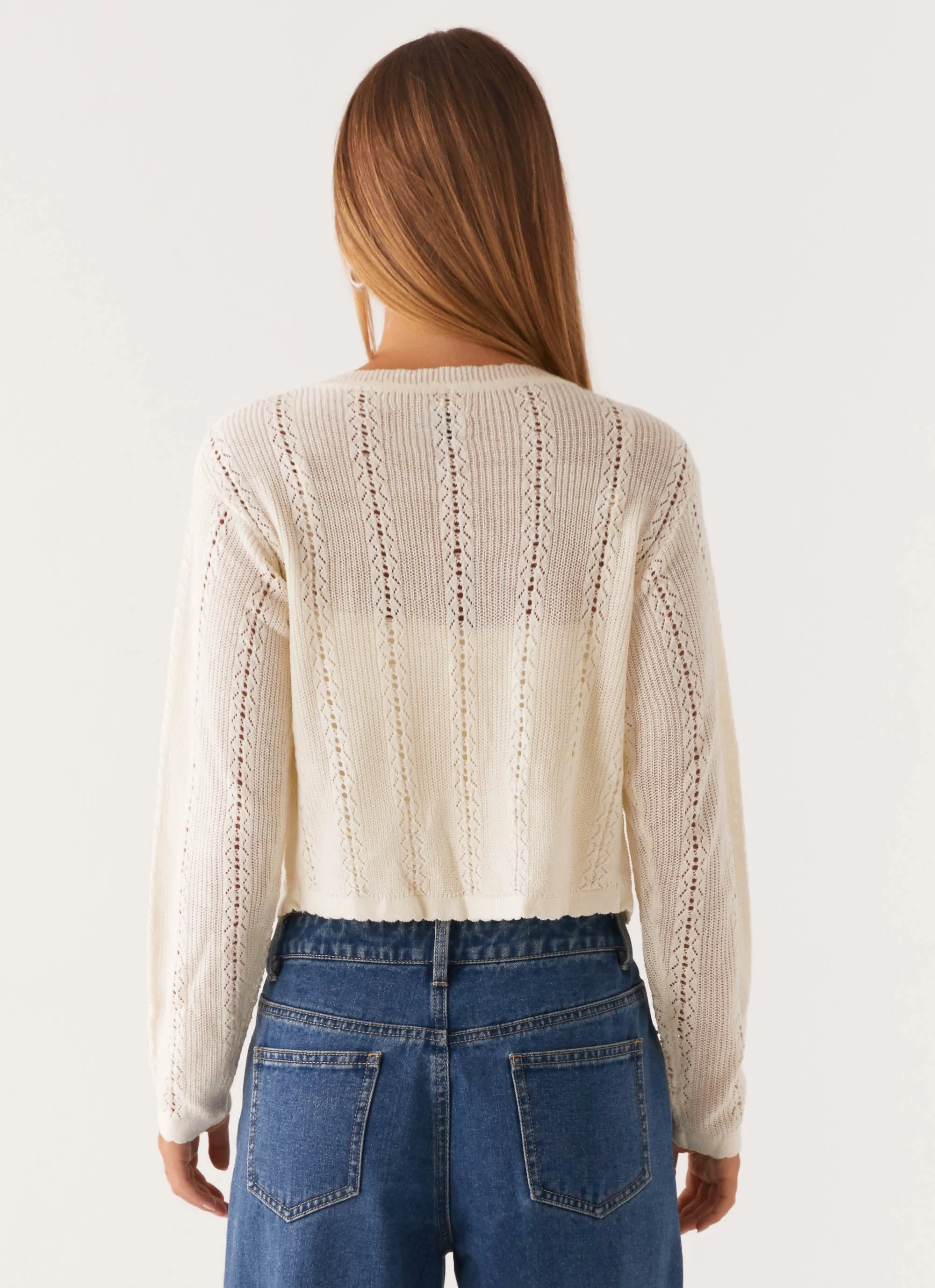 Articulated Sleeve Cut Double Stitched Seams Tough Love Knit Cardigan - White