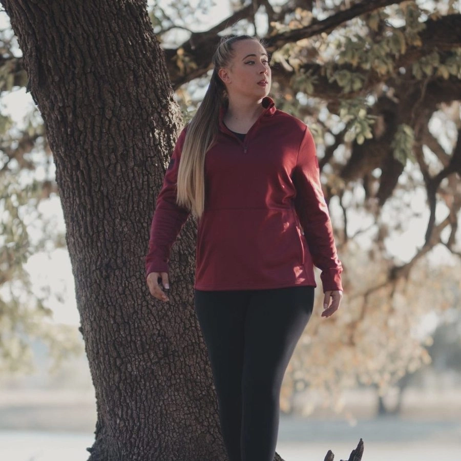 Women's 1/2 Zip Waffle Top - Red Plum anti static coating Flatlock Seam Construction