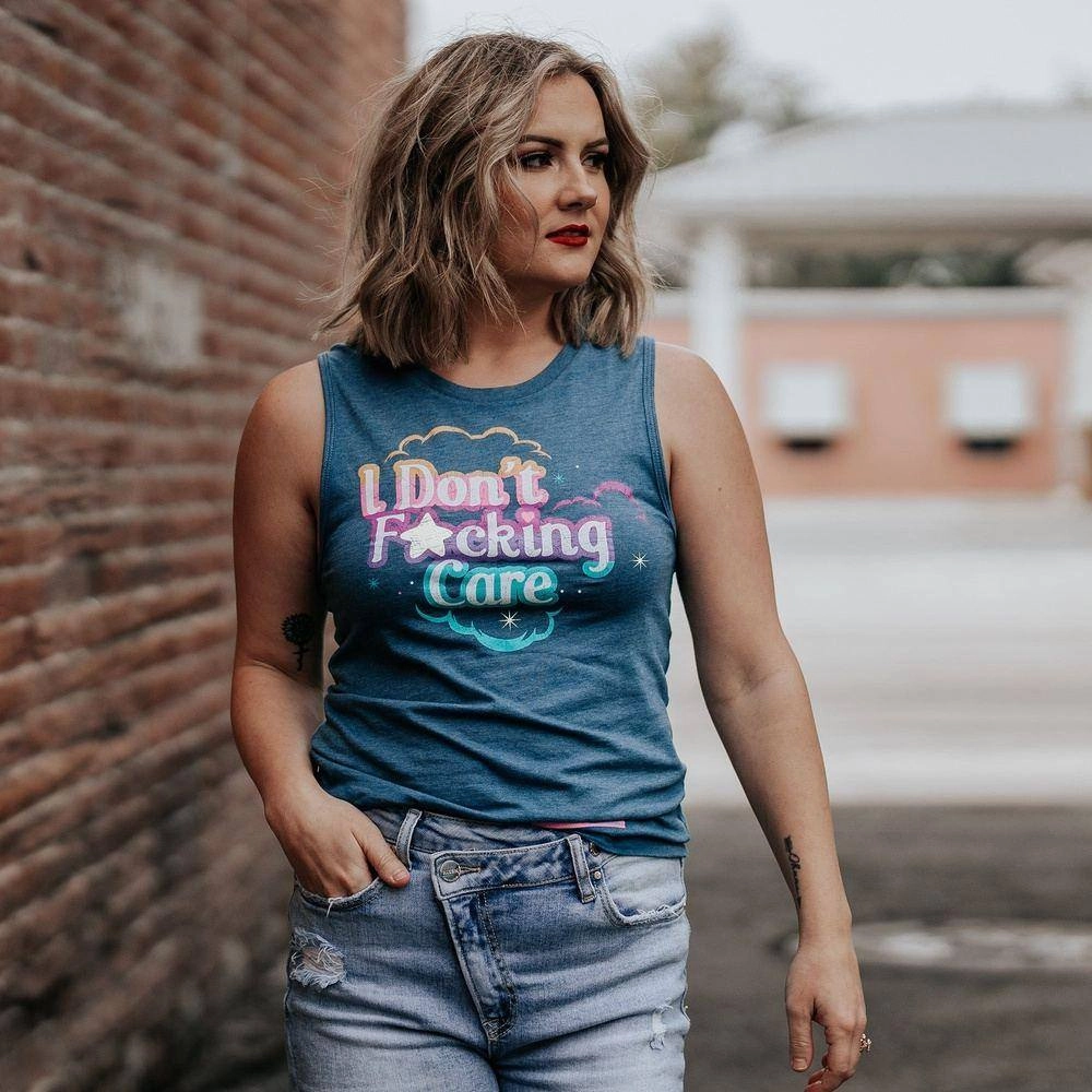 Women's I Don't F*cking Care Everyday Tank - Heather Blue City Fashion Look Comfort Stretch