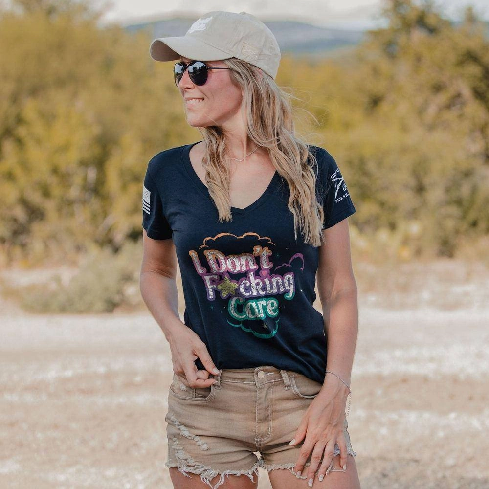 Women's I Don't F*cking Care V-Neck - Midnight Navy Layered Shoulder Design
