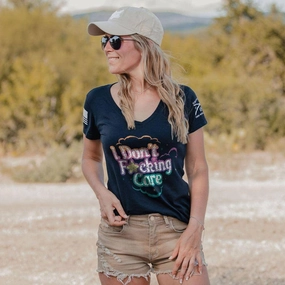 Women's I Don't F*cking Care V-Neck - Midnight Navy Garment Dyed Technique