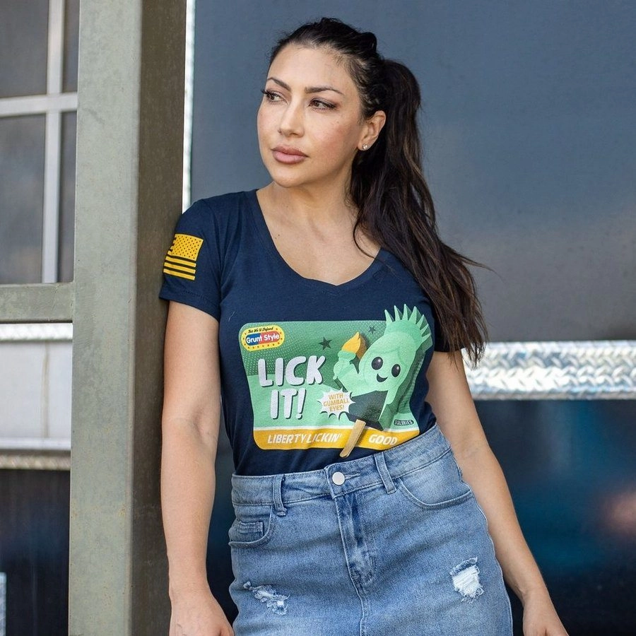 Women's Lick It V-Neck T-Shirt - Midnight Navy Classic Crew Neck DoubleLayeredCollar