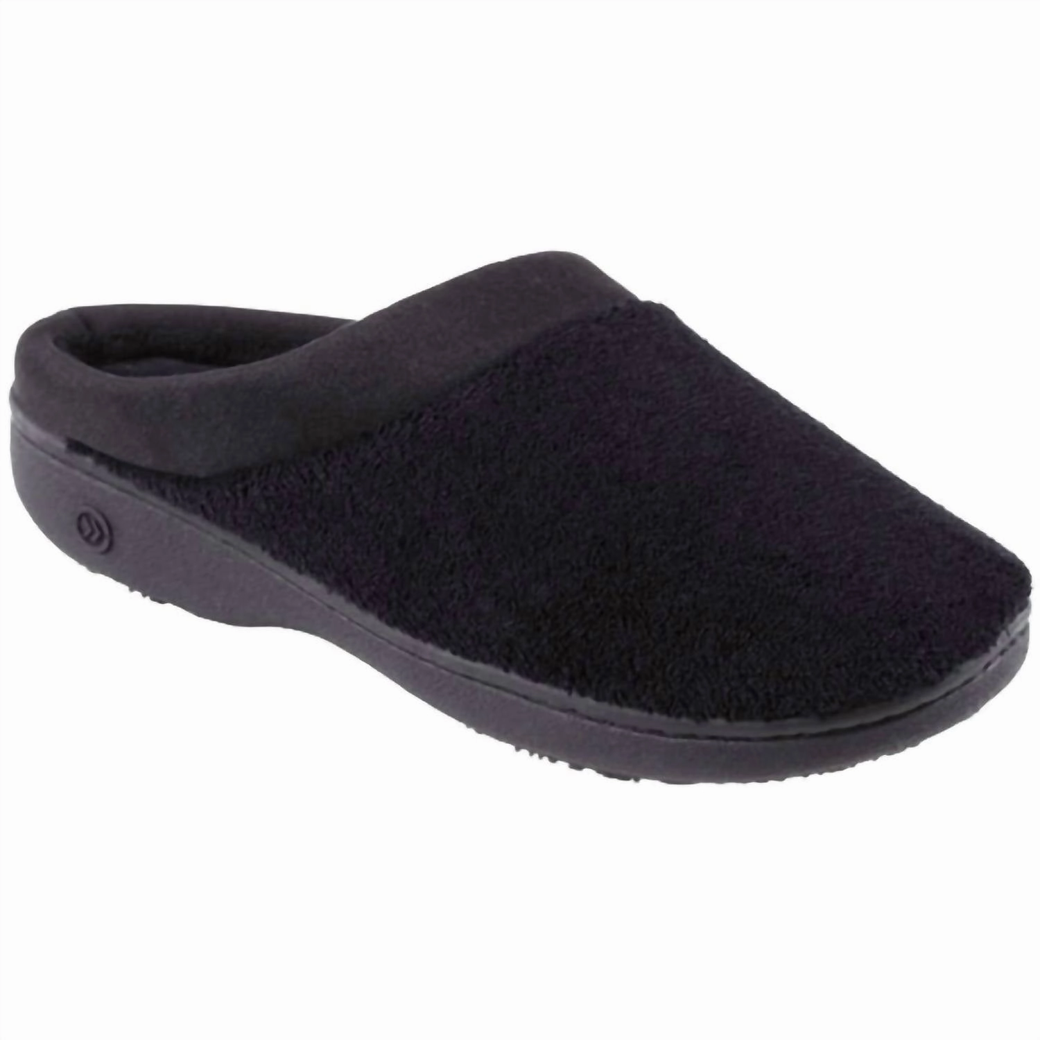 Comfortable Relief Heel Cushioning Women's Microterry Pillowstep Satin Cuff Clog Slipper In Black
