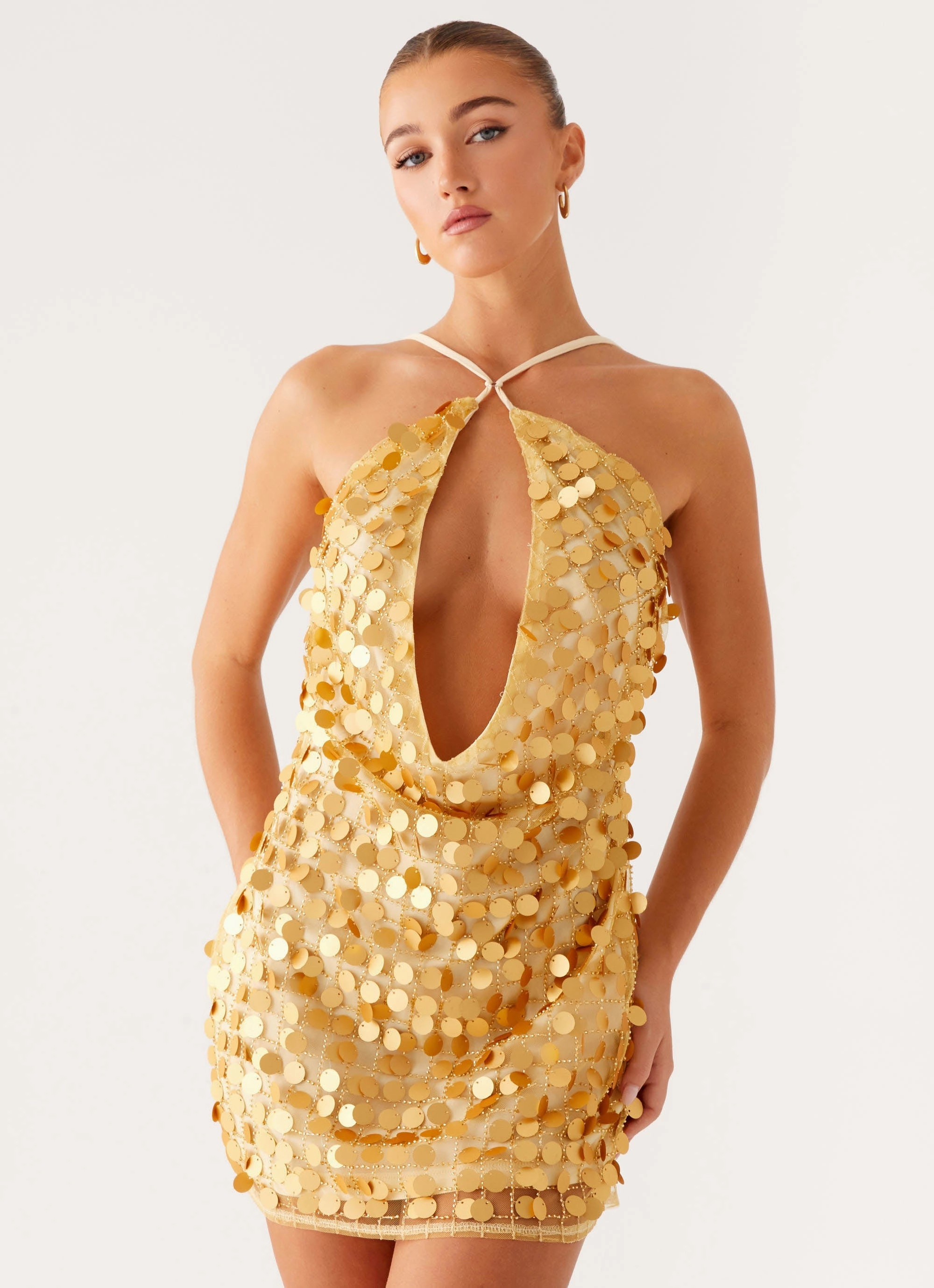 Xander Sequin Mini Dress - Gold Silk-Blend Warm Soft