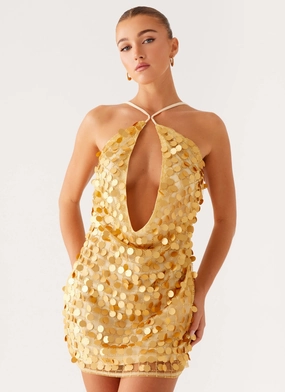 Xander Sequin Mini Dress - Gold Silk-Blend Warm Soft