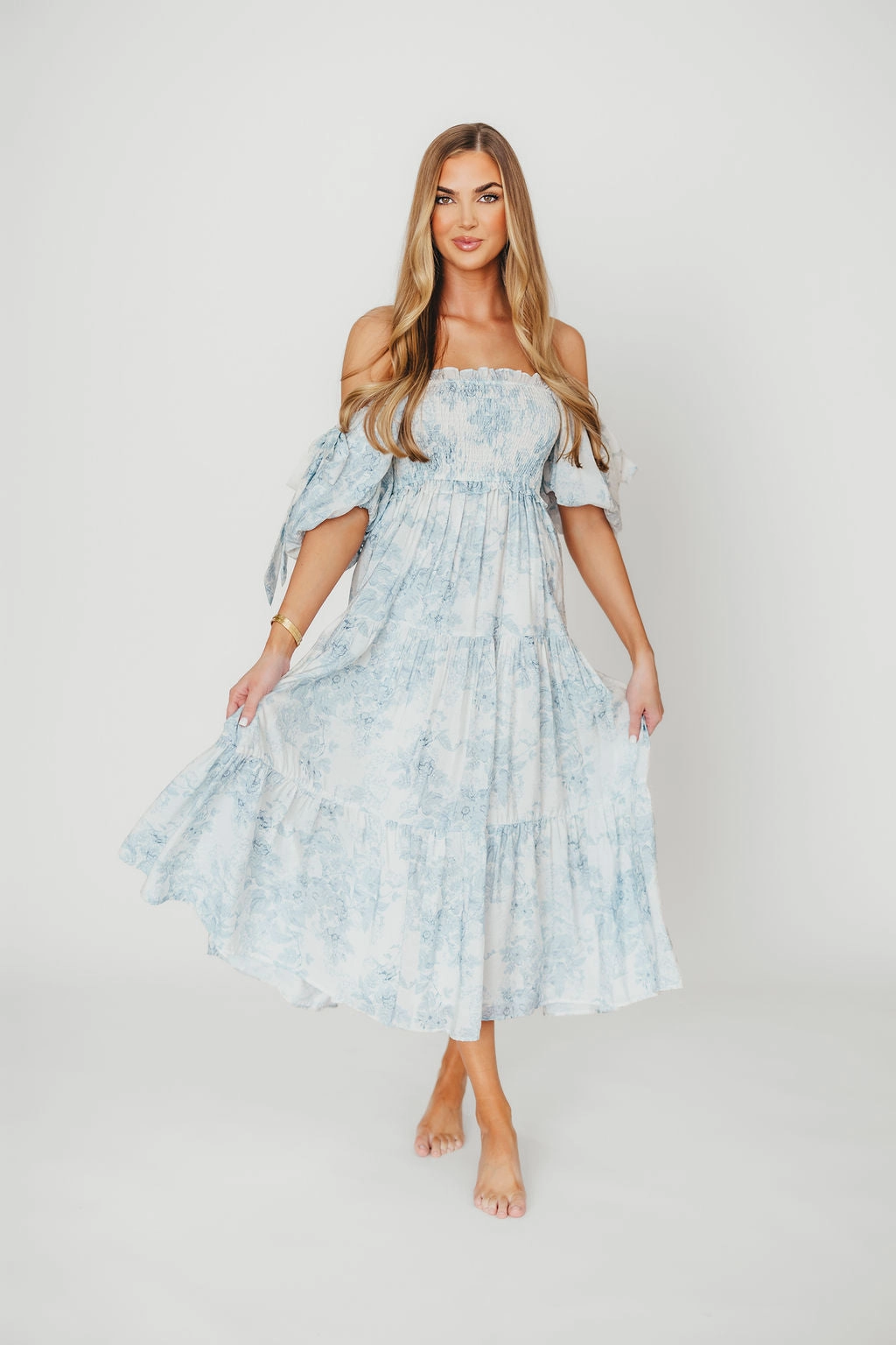 Elena Floral Print Smocked Midi Dress in Blue - Bump Friendly & Inclusive Sizing XS & S Left in Stock)  (Restocking Remaining Sizes in Oct) Smooth Line