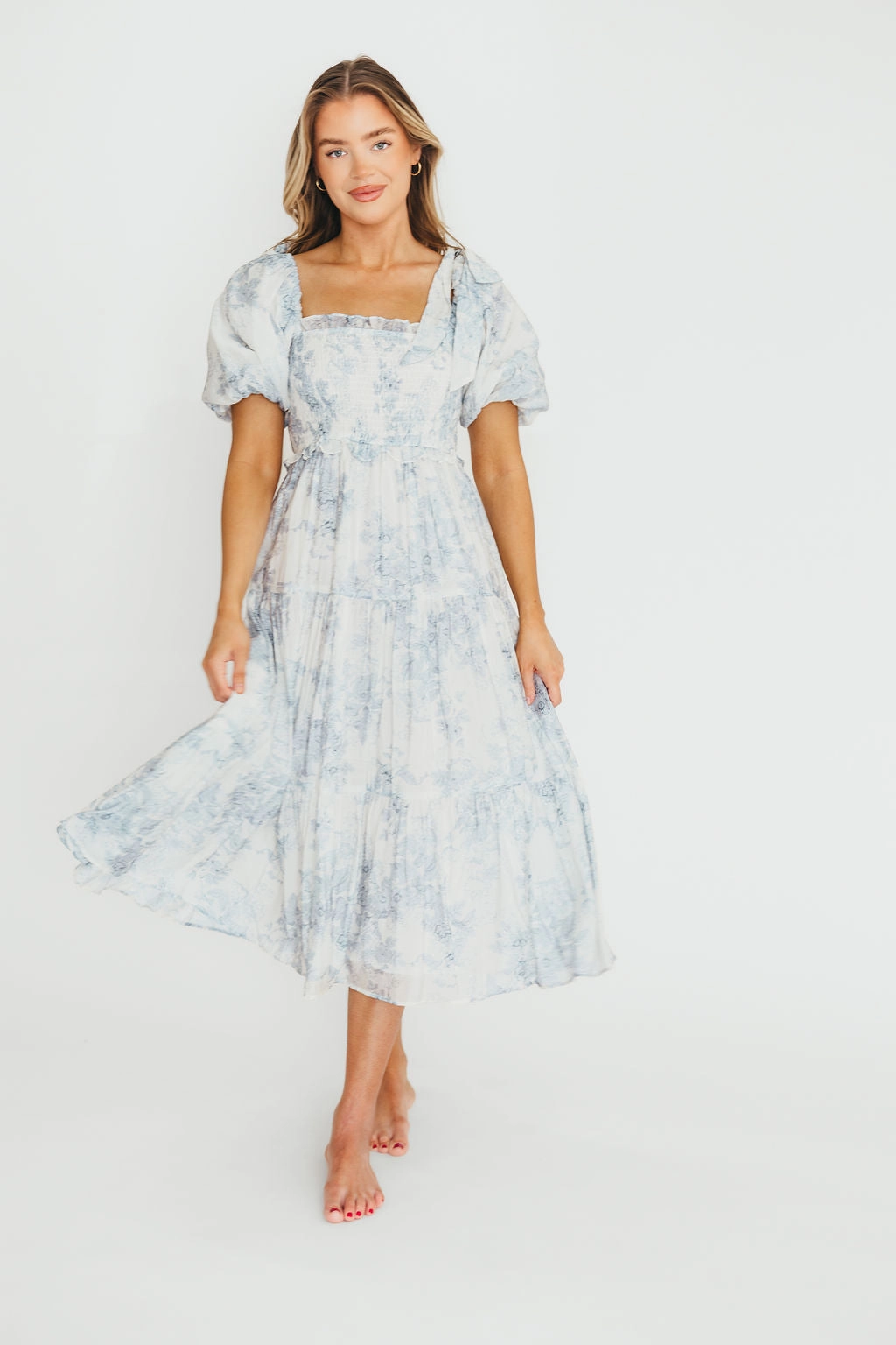 Comfortable Fashion Evening Vibe Elena Floral Print Smocked Midi Dress in Blue - Bump Friendly & Inclusive Sizing XS & S Left in Stock)  (Restocking Remaining Sizes in Oct)