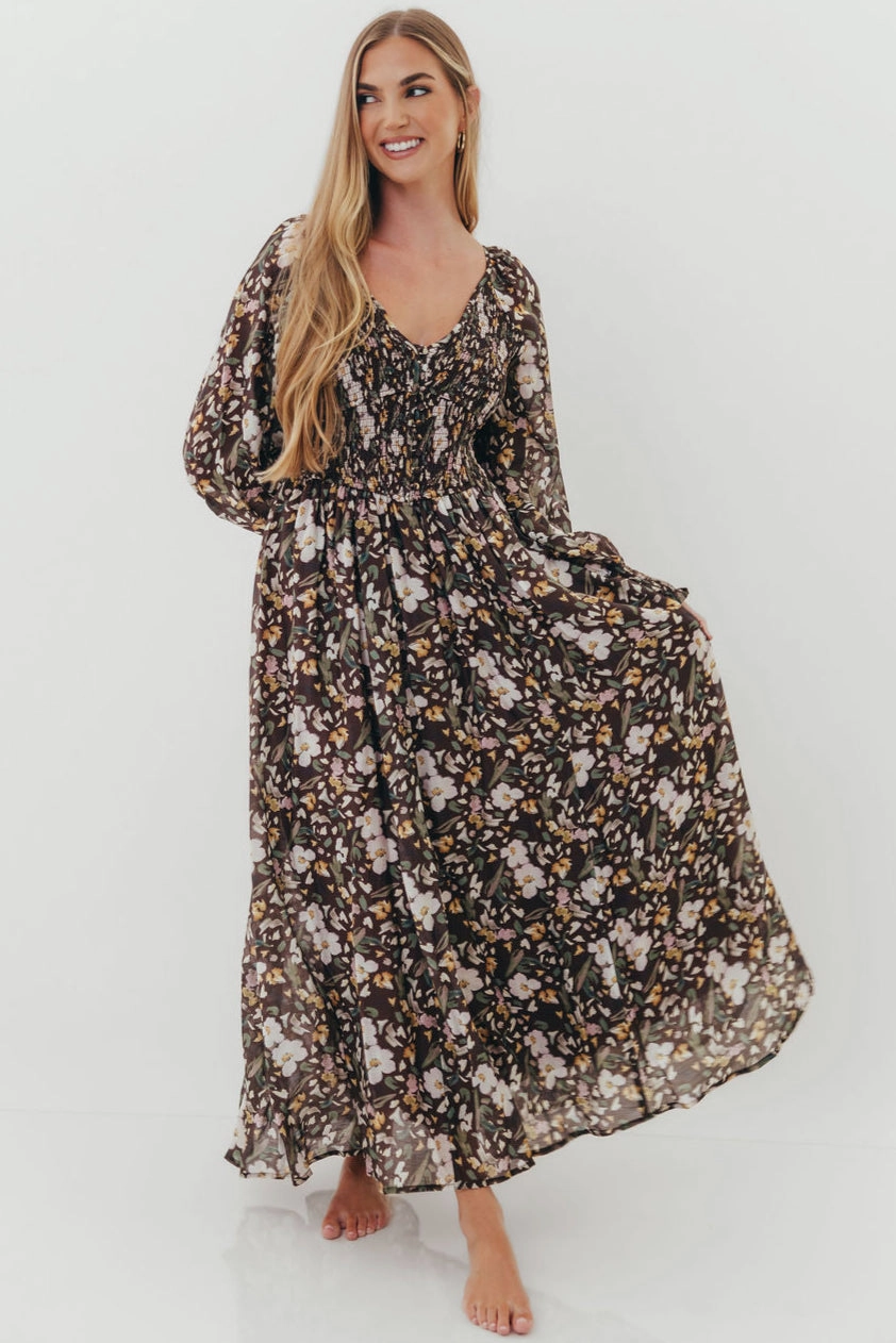 Luann Floral Maxi Dress in Mocha Mousse Bow-Detail Silky Movement