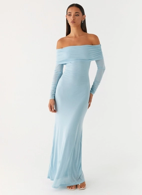 Simple Profile Layer Safe Cocoa Long Sleeve Maxi Dress - Blue