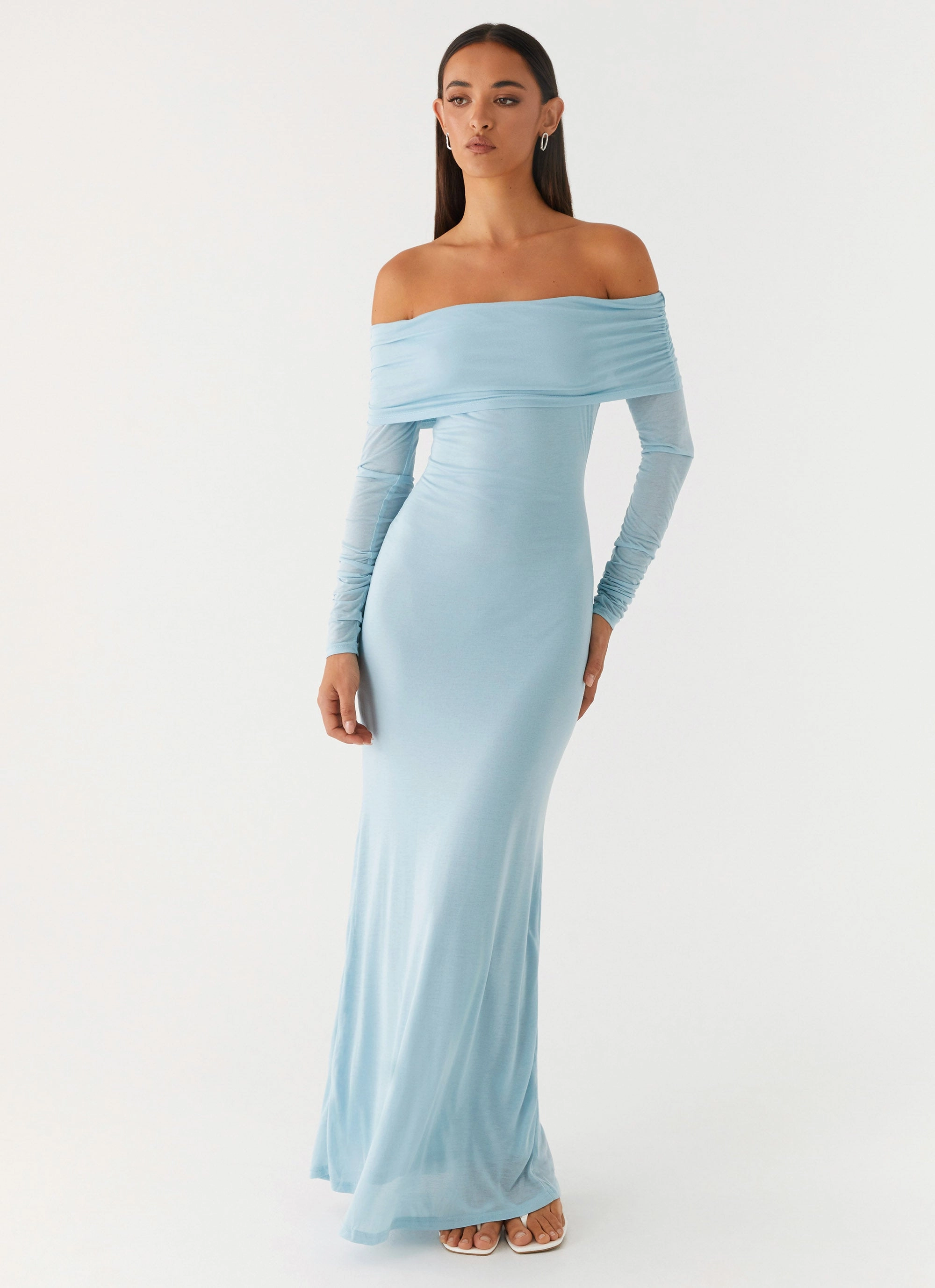 Simple Profile Layer Safe Cocoa Long Sleeve Maxi Dress - Blue