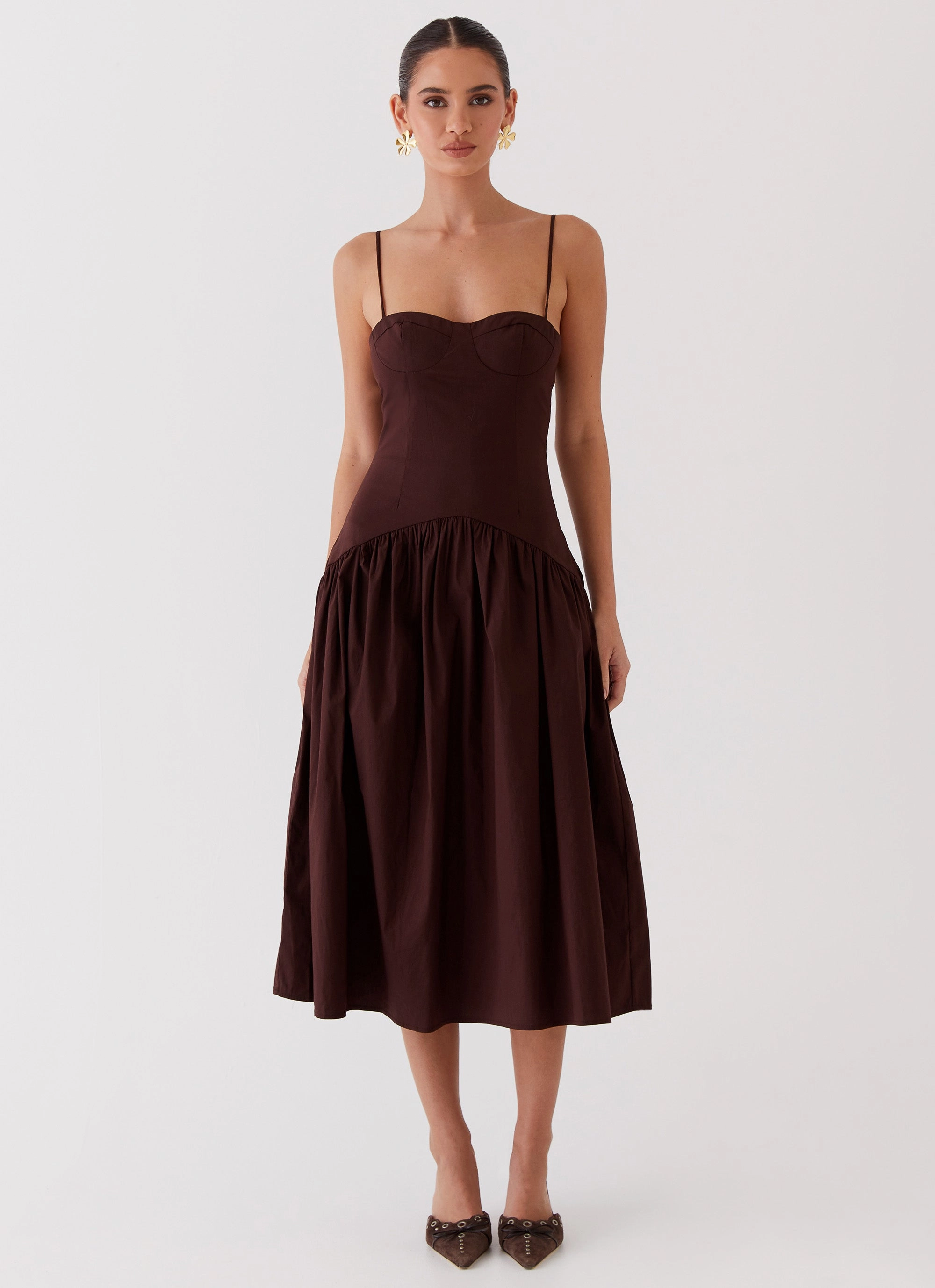 Pleated-Skirt Day Outfit Yvette Corset Midi Dress - Chocolate